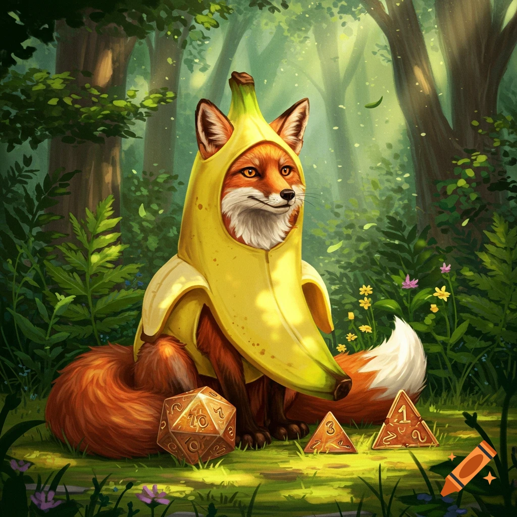 An illustrated fox in a banana costume sits in a magical forest surrounded by golden role-playing dice.