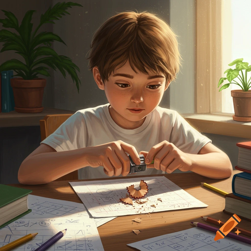 A young boy with brown hair sits at a desk, intently sharpening a green pencil over a paper with drawings and mathematical symbols. Pencil shavings are on the paper.