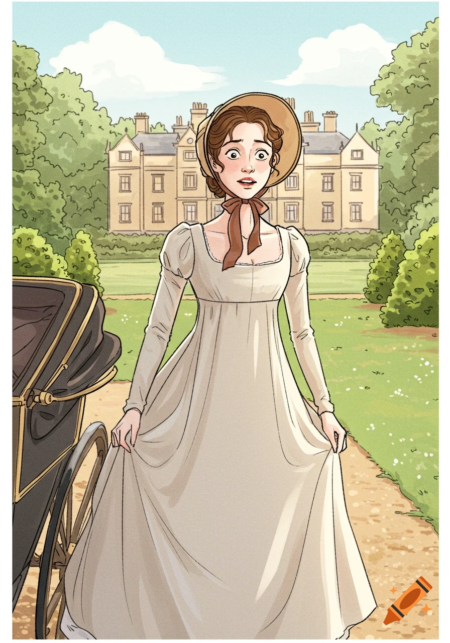 An illustration of a woman in a Regency-era dress and bonnet, looking surprised, standing next to a carriage with a grand mansion in the background.