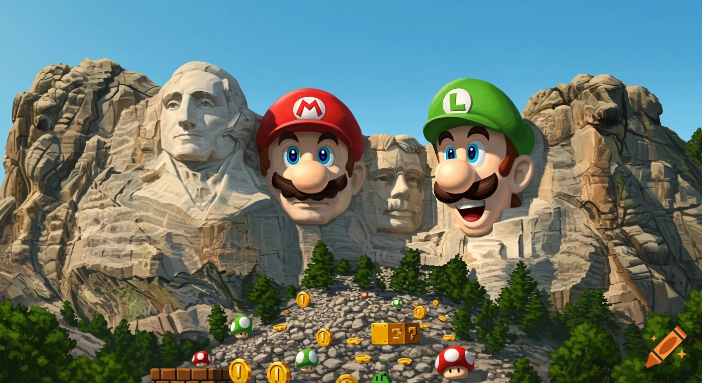 Mario and Luigi's faces carved into Mount Rushmore, with coins and mushrooms on the rocky base, in a cartoon style.
