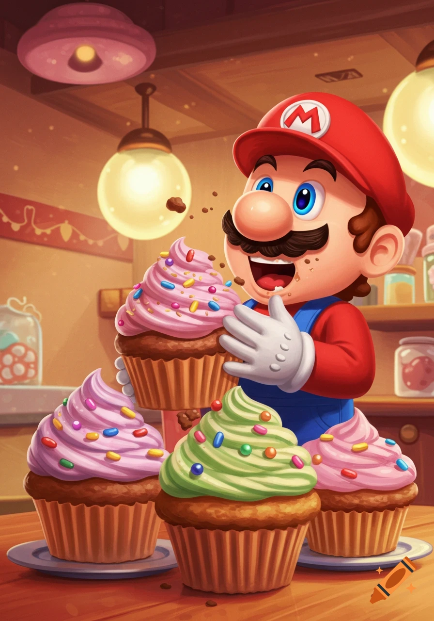 A colorful illustration of Mario joyfully eating cupcakes in a brightly lit bakery setting, crumbs around his mouth.