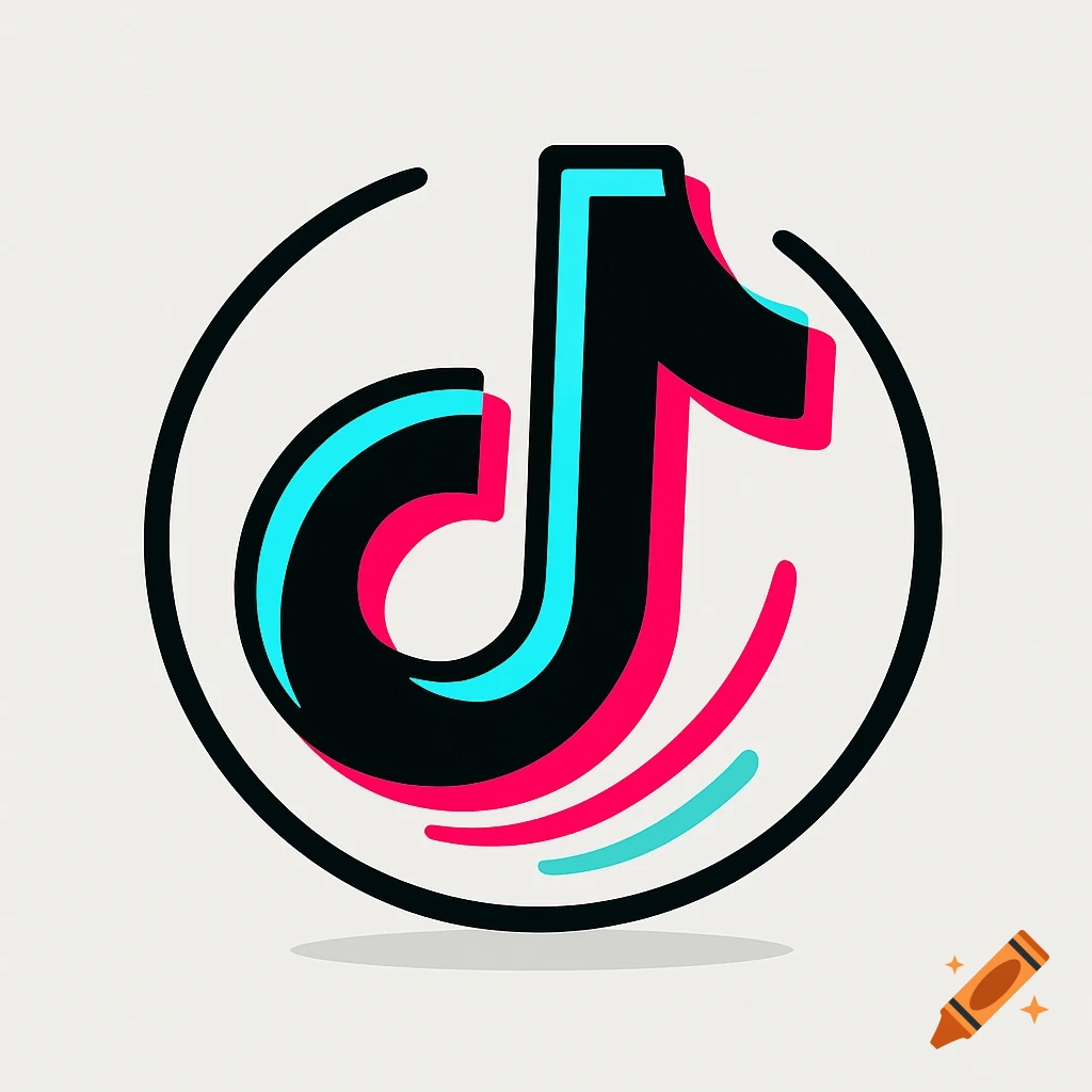 TikTok logo featuring a stylized black musical note with pink and blue chromatic aberration effects, enclosed in a black circle on a light background.