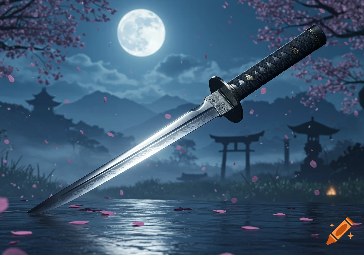 A digital painting of a tanto sword stuck in water, surrounded by falling cherry blossoms, under a full moon in a serene Japanese landscape with traditional architecture.
