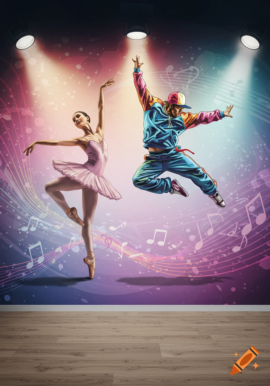 A ballerina on pointe and a hip-hop dancer jumping on a stage with vibrant spotlights and musical notes over a wooden floor.
