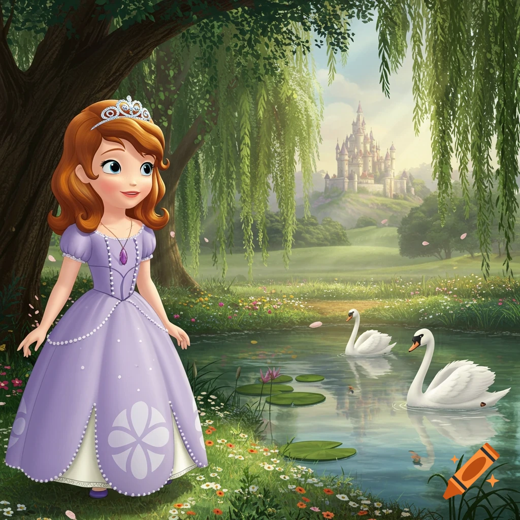 A cartoon princess in a purple gown stands by a pond with swans, a castle on a hill in the background.