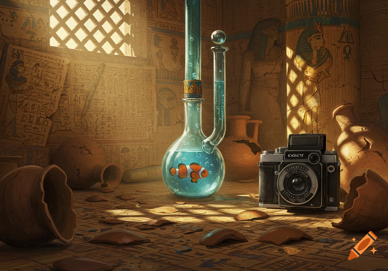 A clownfish in a clear glass bong-like tube sits among broken pots and an old camera in a sunlit ancient Egyptian room with hieroglyphs.