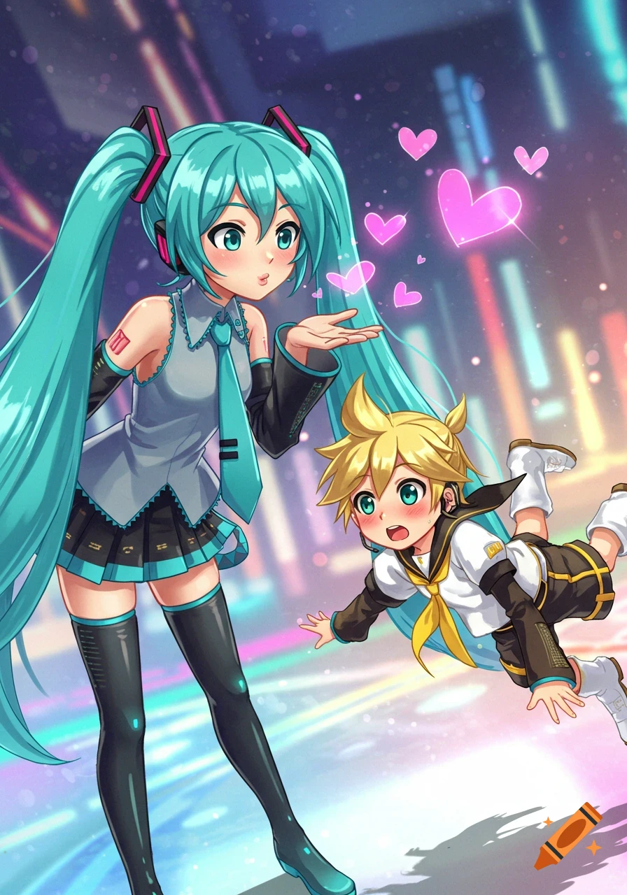 Hatsune Miku, with long teal pigtails, blows a kiss towards Kagamine Len, a blonde boy who is falling backward in a surprised, blushing faint. Both are in stylized anime art against a colorful, blurry background of city lights.
