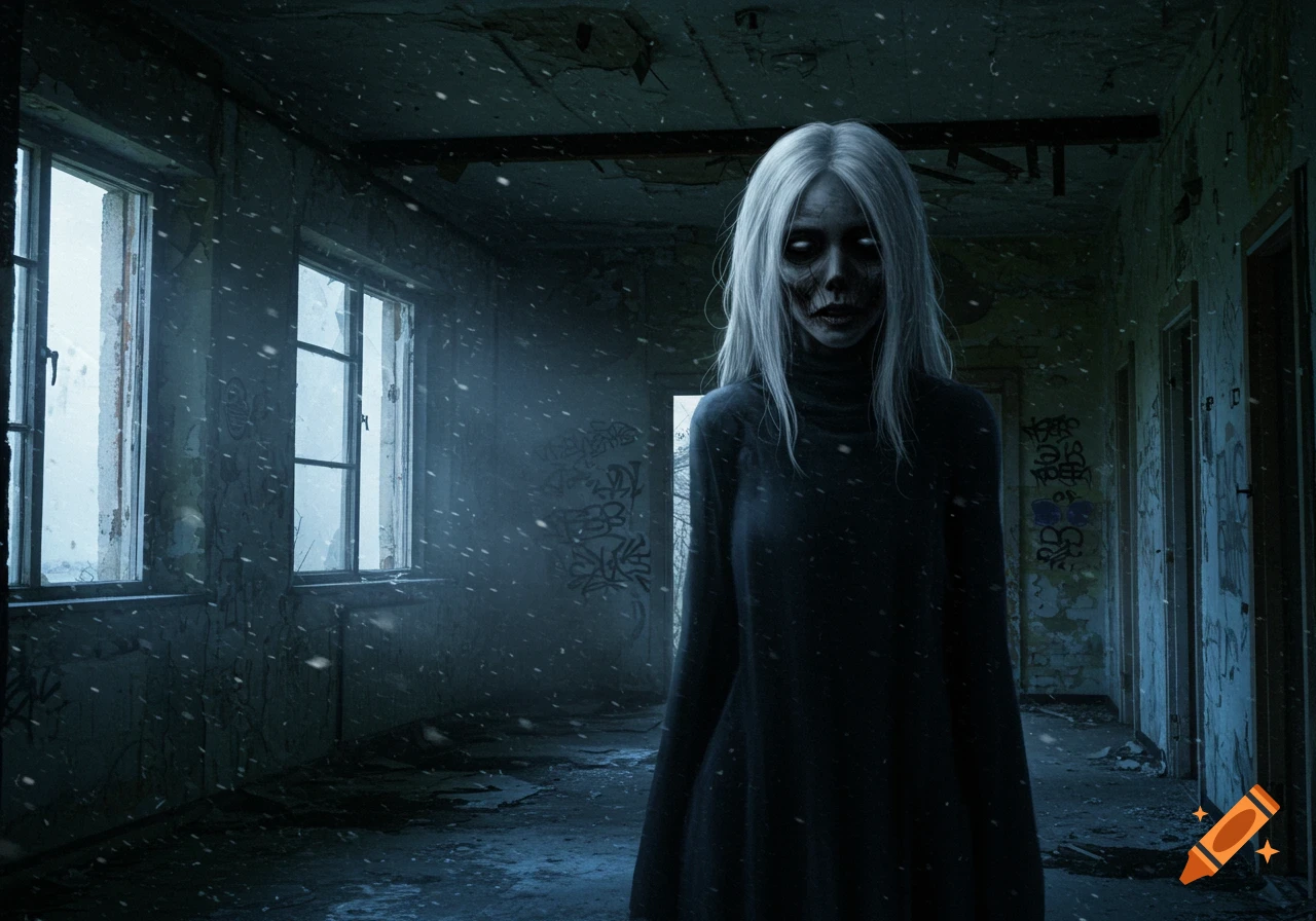 A pale, gaunt figure with white hair and glowing eyes stands in a dark, dilapidated, snowy room with graffiti-covered walls and broken windows, in a horror style.