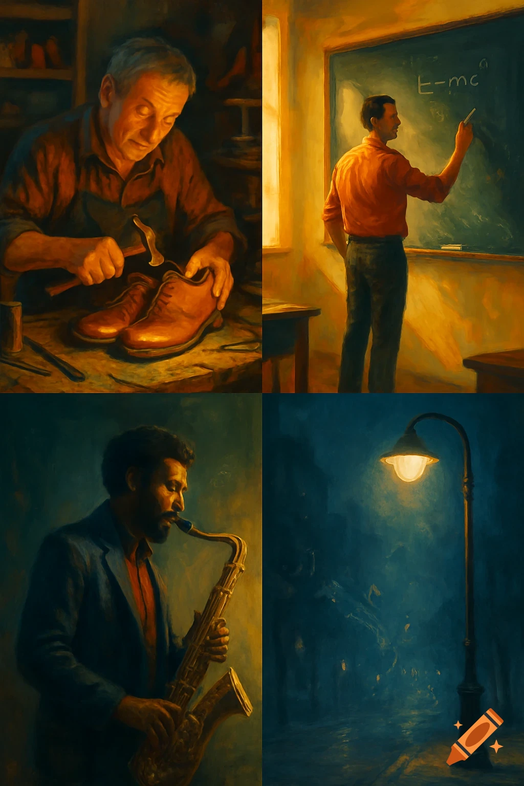 Four oil painting panels: a shoemaker, a teacher writing on a blackboard, a saxophonist playing, and a street lamp in the dark.