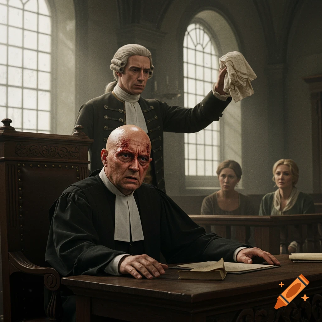 A bald 17th-century judge with a head wound sits at a wooden table in a courtroom, looking distressed. Behind him, a clerk in a wig holds up a white wig while two women observe in the background.