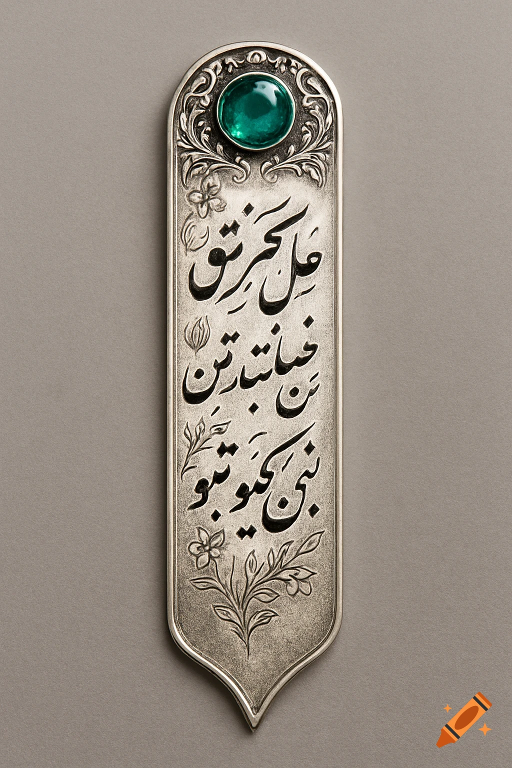 A silver bookmark with intricate floral engravings features a prominent green gemstone at the top and elegant Farsi calligraphy on its surface.