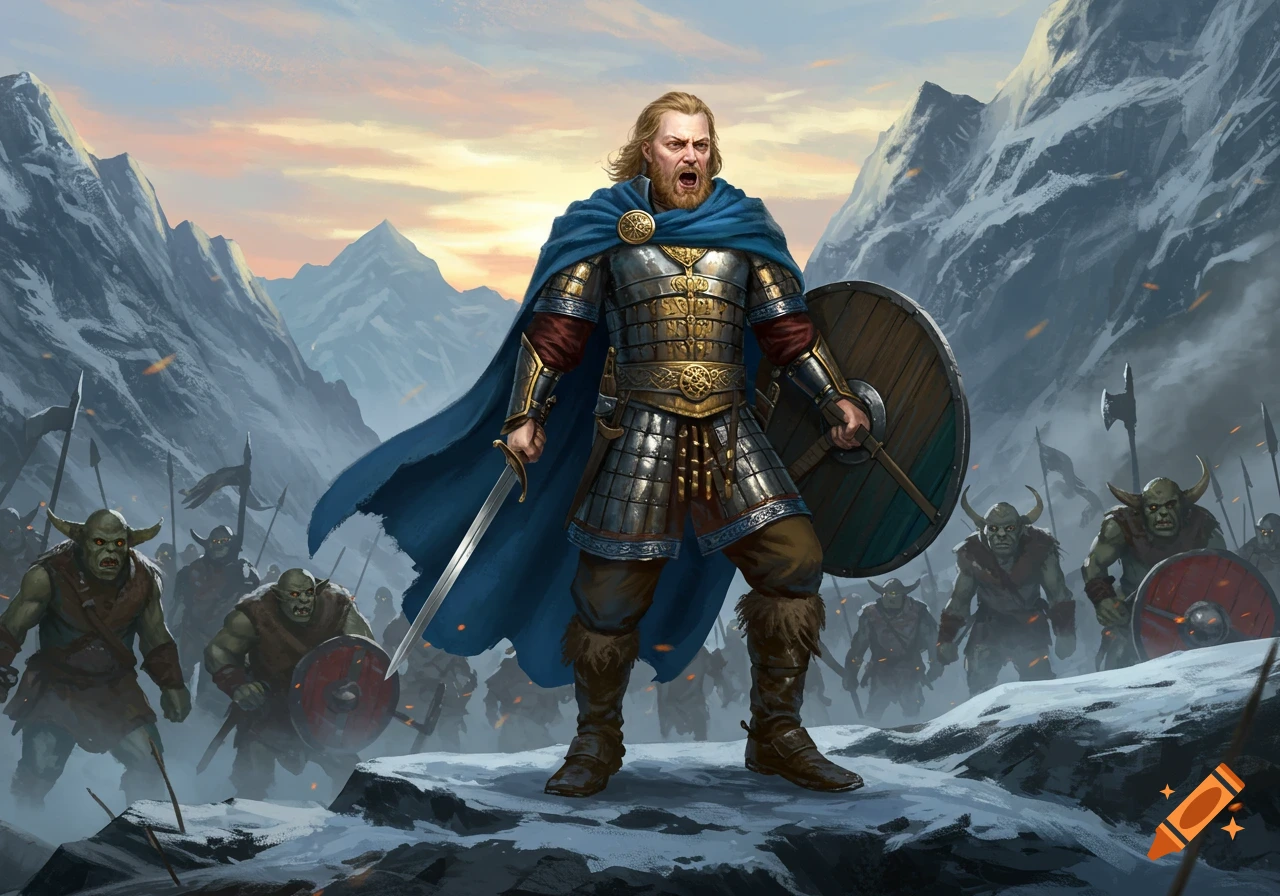 A blonde Viking warrior in detailed armor and a blue cape, holding a sword and shield, roars while confronting a horde of goblins in a snowy mountain pass.