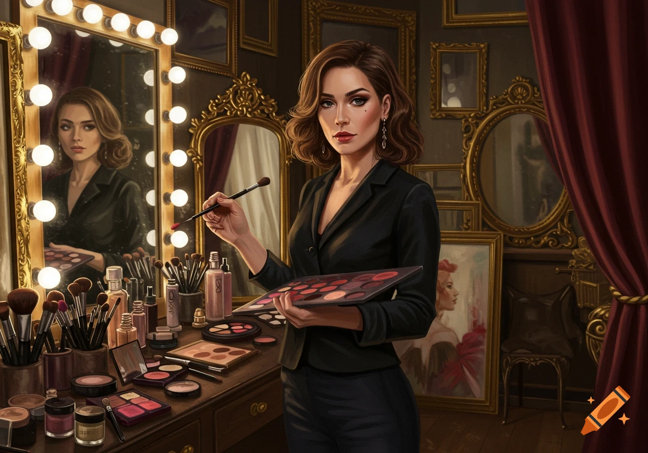 A woman in a dark suit holds a makeup brush and palette, standing in a dressing room with a lighted vanity mirror and ornate frames.