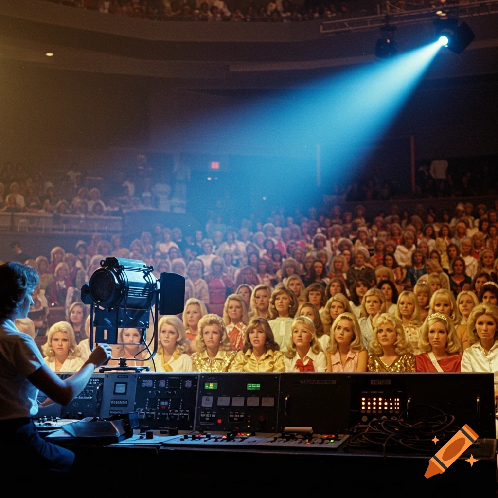 A silhouetted technician operates a follow spotlight, casting a vibrant blue beam onto a dense audience of blonde women in a dark auditorium.