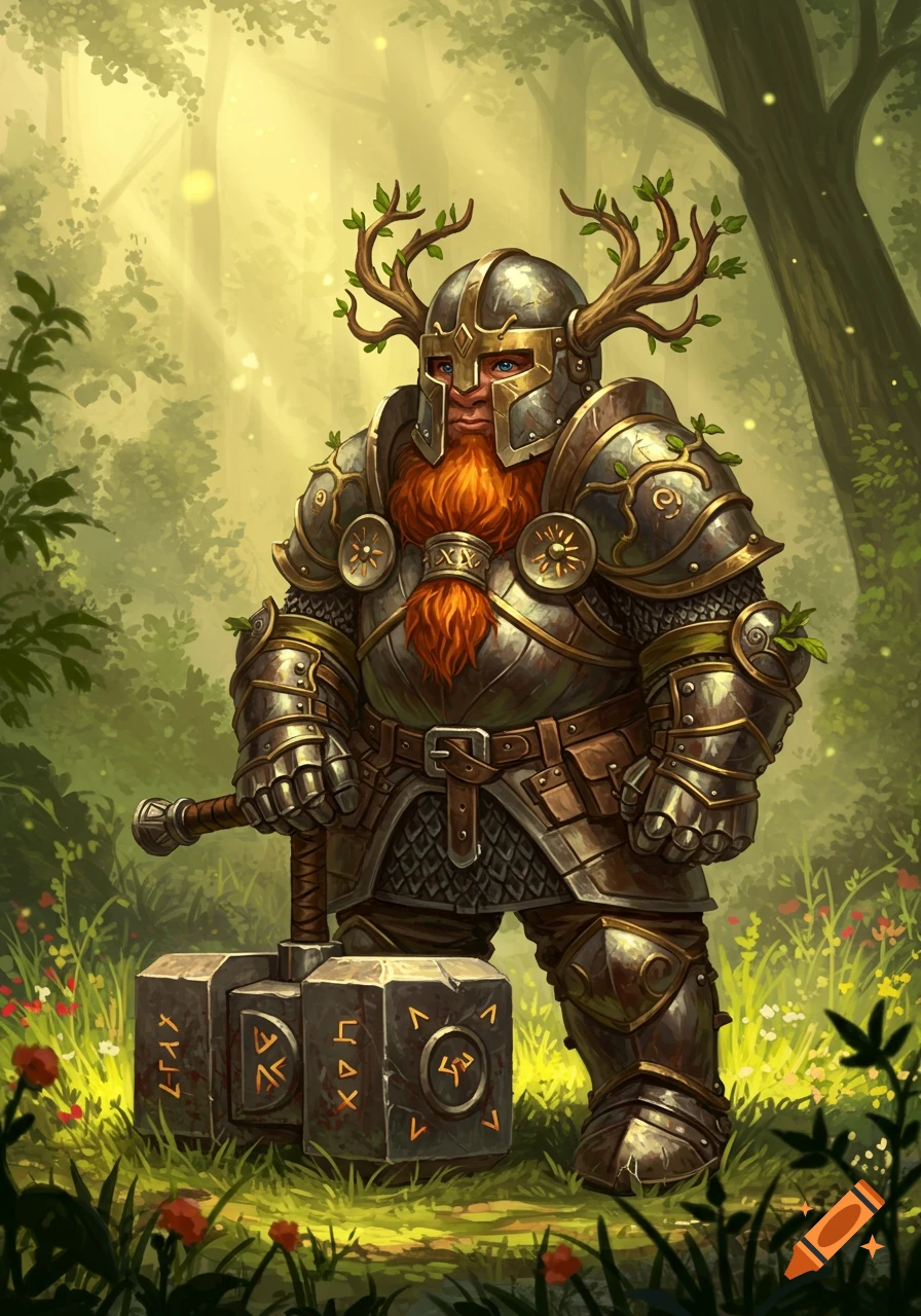 A stout dwarf in ornate armor with a long orange beard and a leafy ...