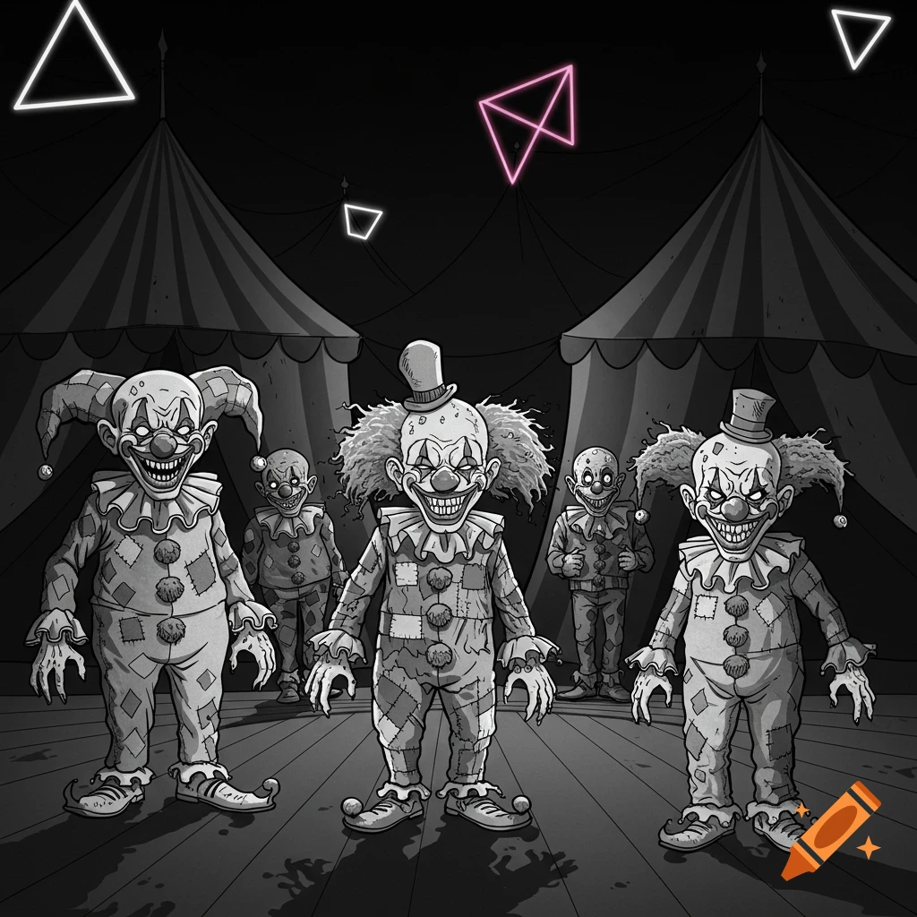 Stylized black and white illustration of five creepy clowns with sharp teeth in a dark circus tent setting with neon geometric shapes.