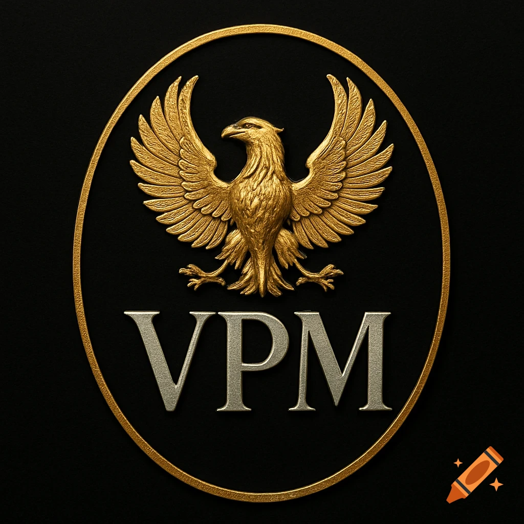 A luxurious gold and silver embossed logo featuring an eagle with spread wings above the letters VPM, all within a gold oval on a black background.