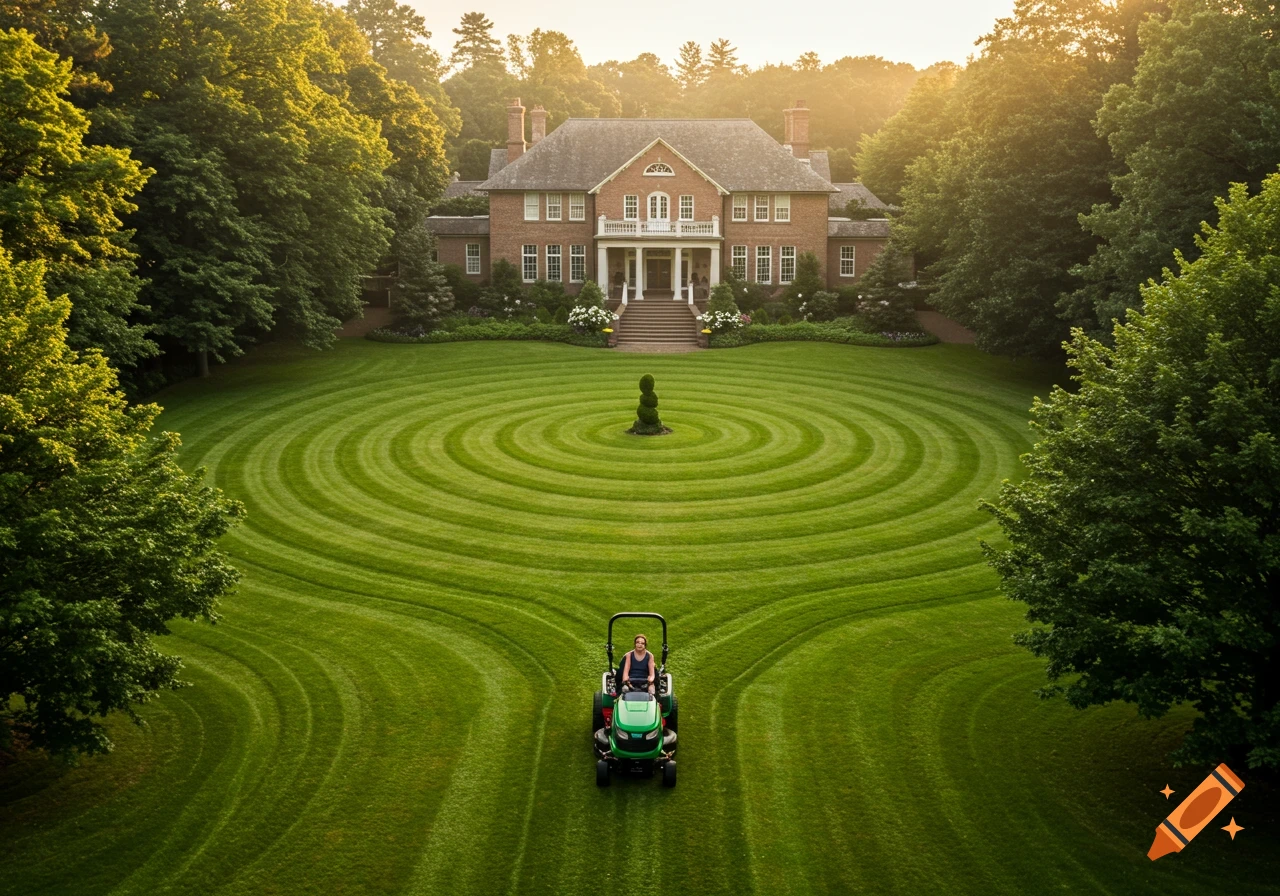Aerial view of a grand brick house with a large lawn featuring concentric circular patterns, a person on a riding lawnmower.