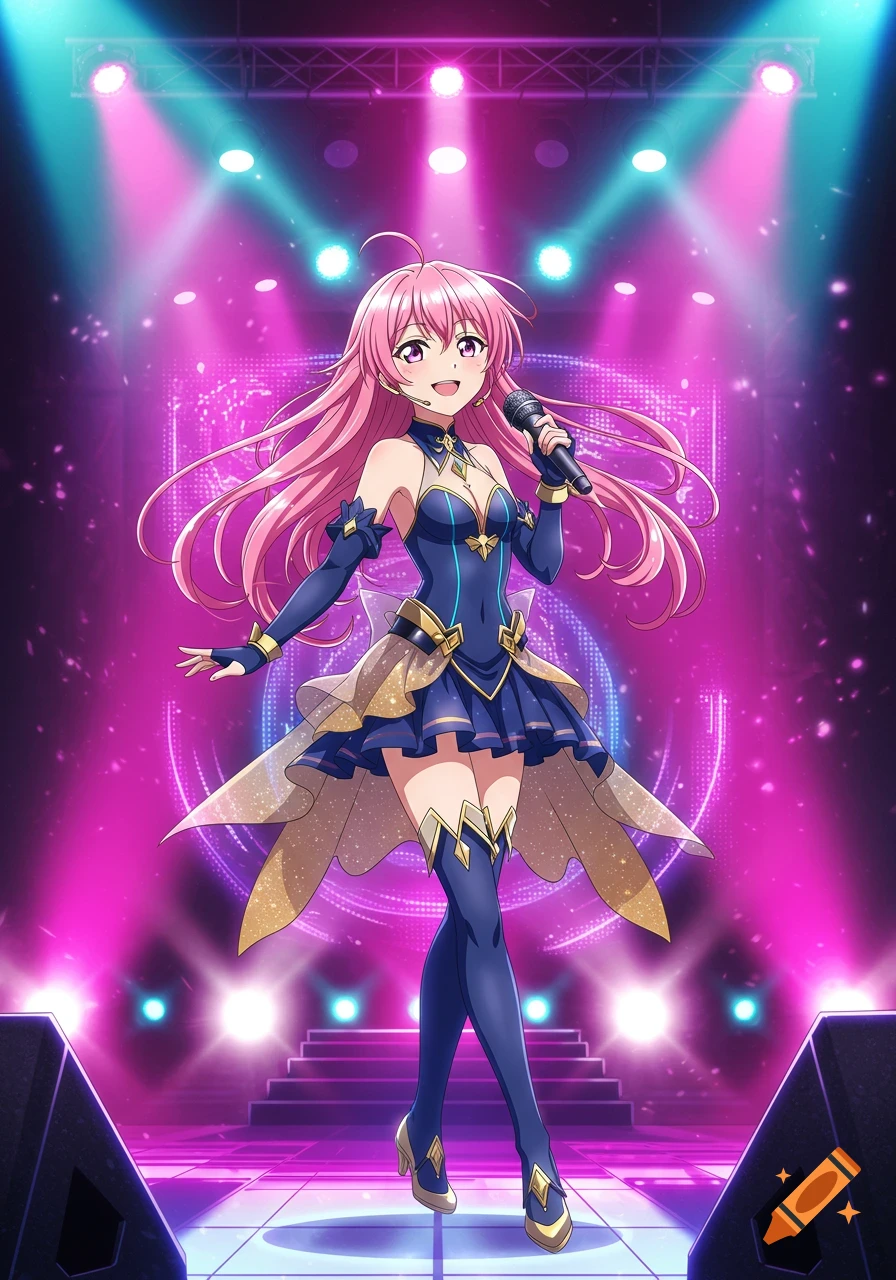 An anime-style female idol with long pink hair and a blue and gold costume sings on a brightly lit stage.