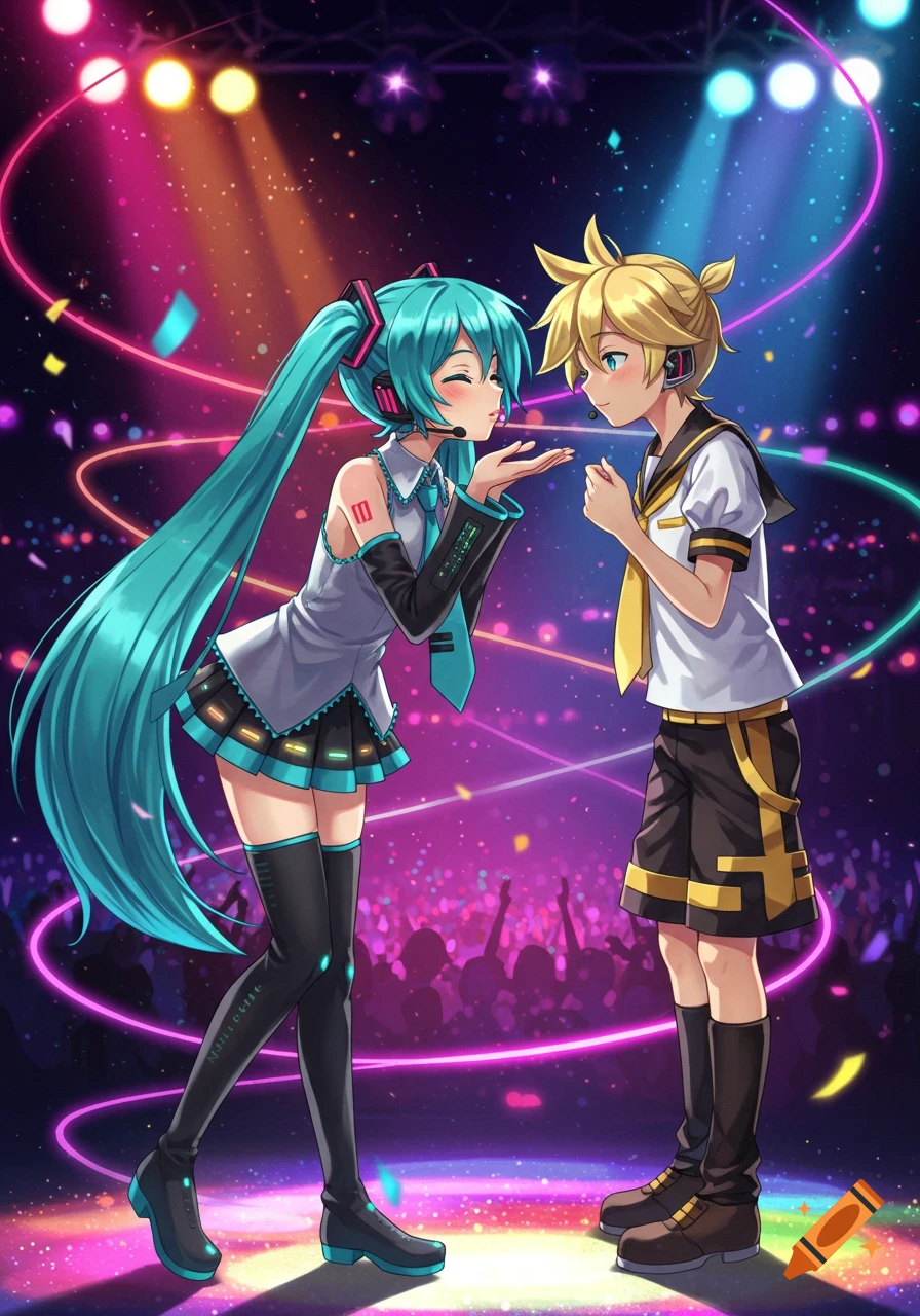 Hatsune Miku blows a kiss at Kagamine Len on a vibrant concert stage with a cheering crowd in the background, in an anime style.