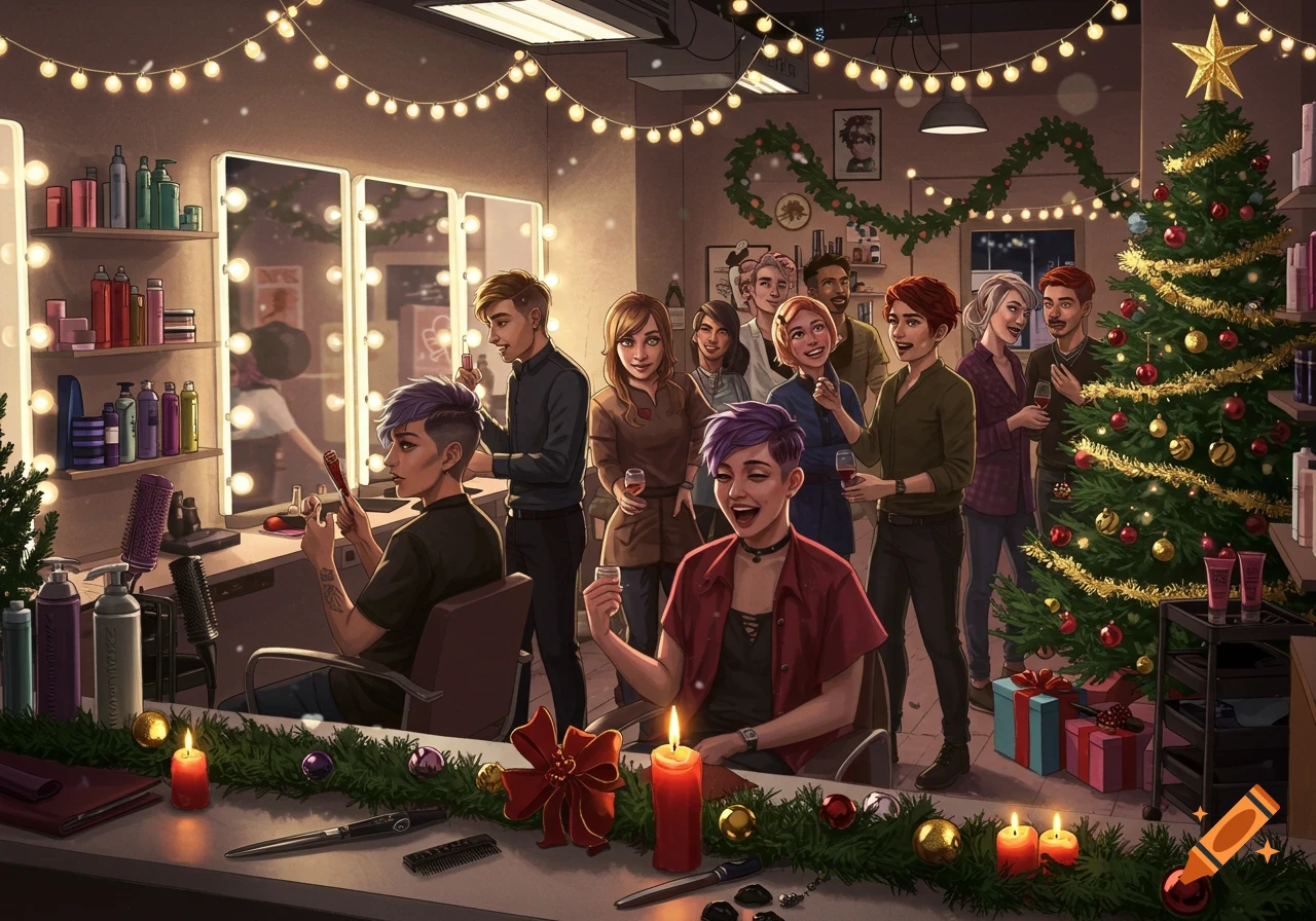 Illustration of a diverse group of people celebrating a Christmas party in a festive hair salon with a Christmas tree.