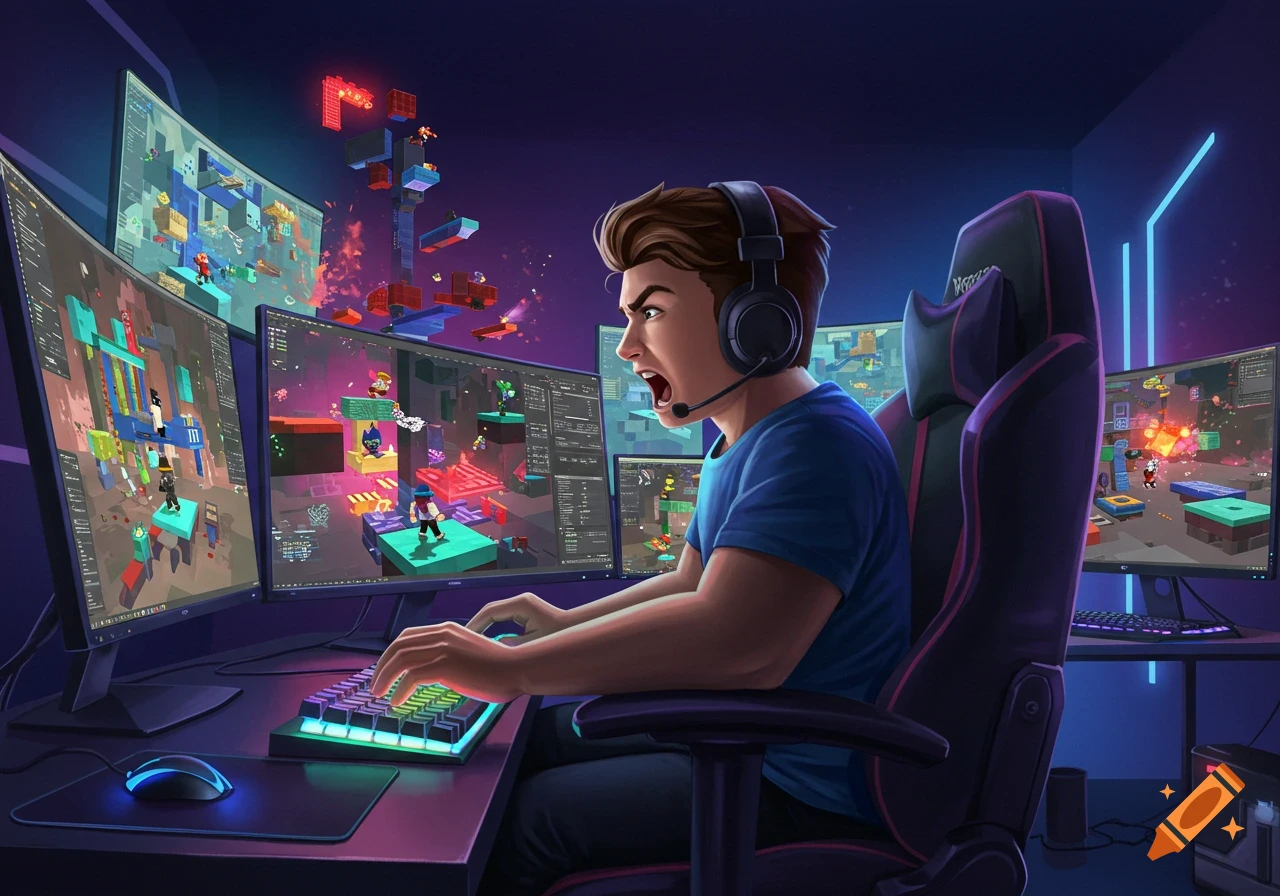 An intense male gamer wearing a headset sits in a gaming chair at a multi-monitor setup, playing a colorful block-style video game.