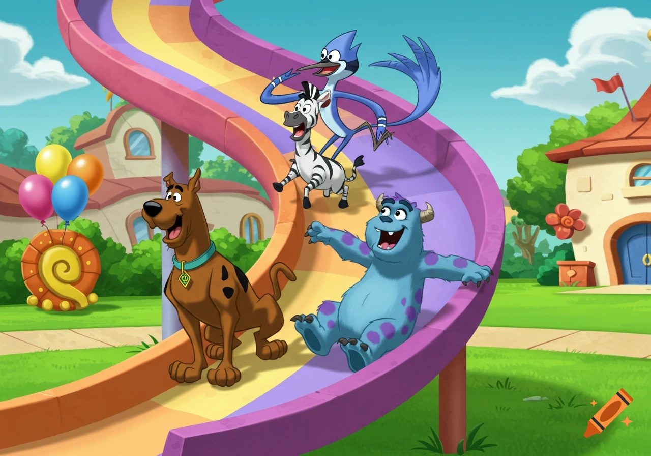 Cartoon of Scooby-Doo, Mordecai, a zebra, and Sully sliding down a colorful playground slide in a park.