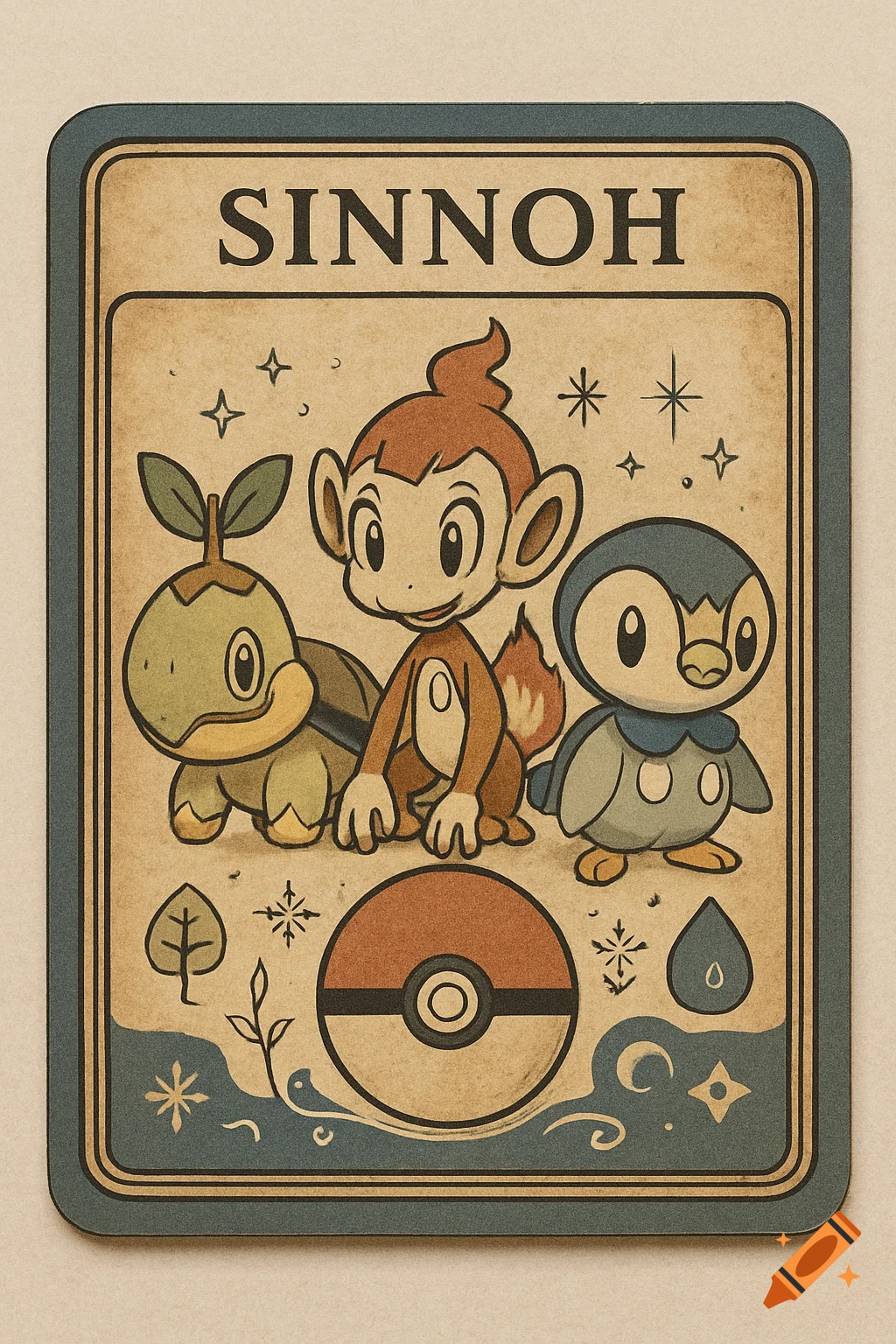 A vintage-style Pokémon card for the Sinnoh region, featuring Turtwig, Chimchar, and Piplup with a Poké Ball and decorative elements.