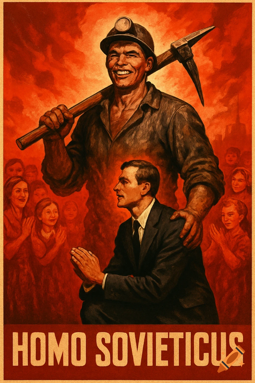 Soviet-era propaganda poster with a smiling miner, pickaxe, and a man in a suit, with applauding people in a red background. Text: HOMO SOVIETICUS.
