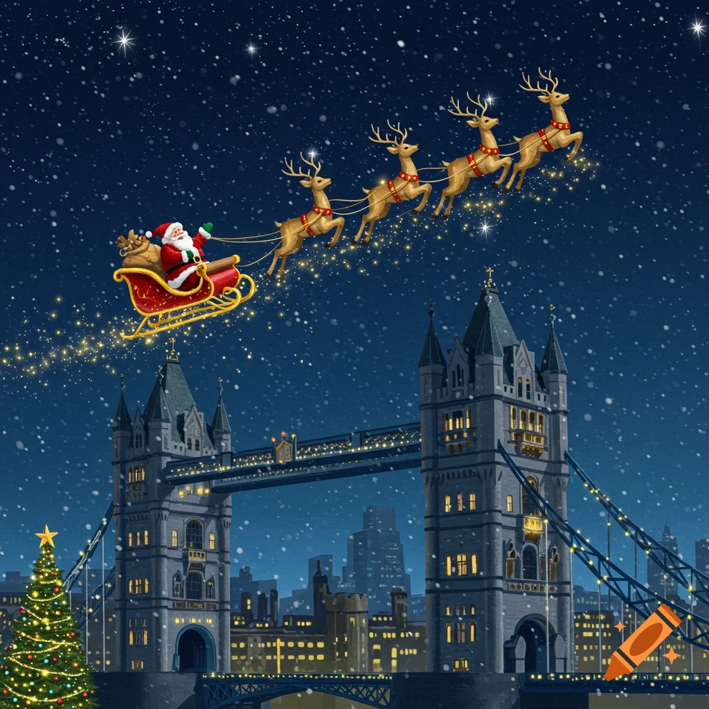 Santa Claus in his sleigh pulled by reindeer flies over a snowy Tower Bridge in London, with a festive Christmas tree below.