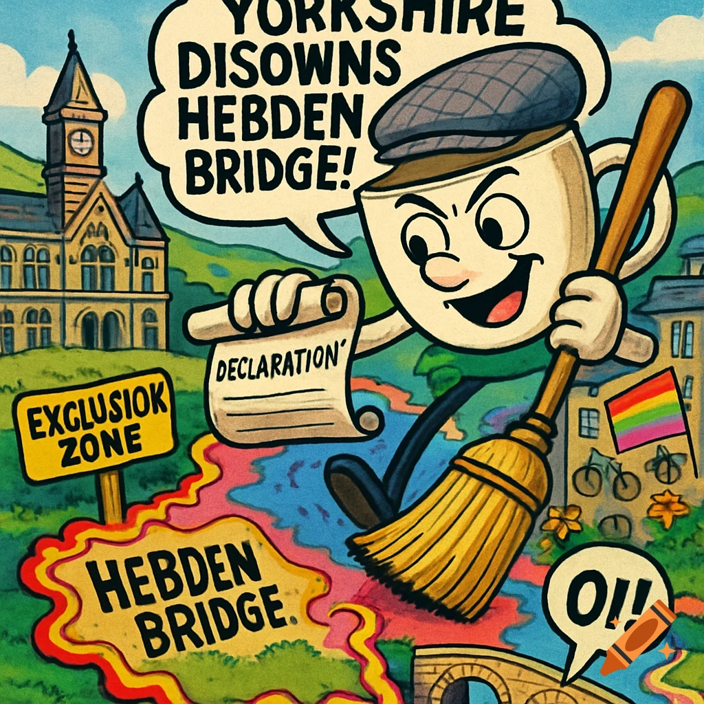 A cartoon of a happy, angry coffee mug with a flat cap holding a declaration and a broom, saying "YORKSHIRE DISOWNS HEBDEN BRIDGE!". A sign reads "EXCLUSIOK ZONE". A rainbow flag flies in the background.
