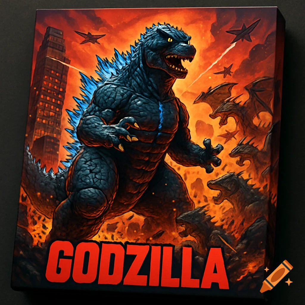 Godzilla roars on game box art, surrounded by smaller monsters and fighter jets over a burning city, with 'GODZILLA' text.