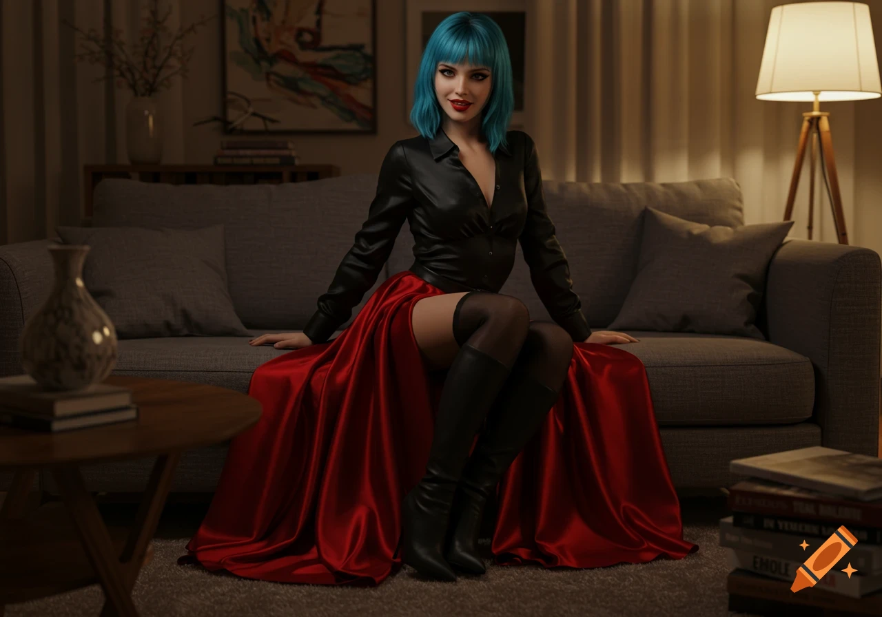 A young woman with blue hair, a black satin blouse, and a long red satin skirt sits on a gray couch in a dimly lit living room, looking at the camera. She wears pantyhose and black high-heel boots.
