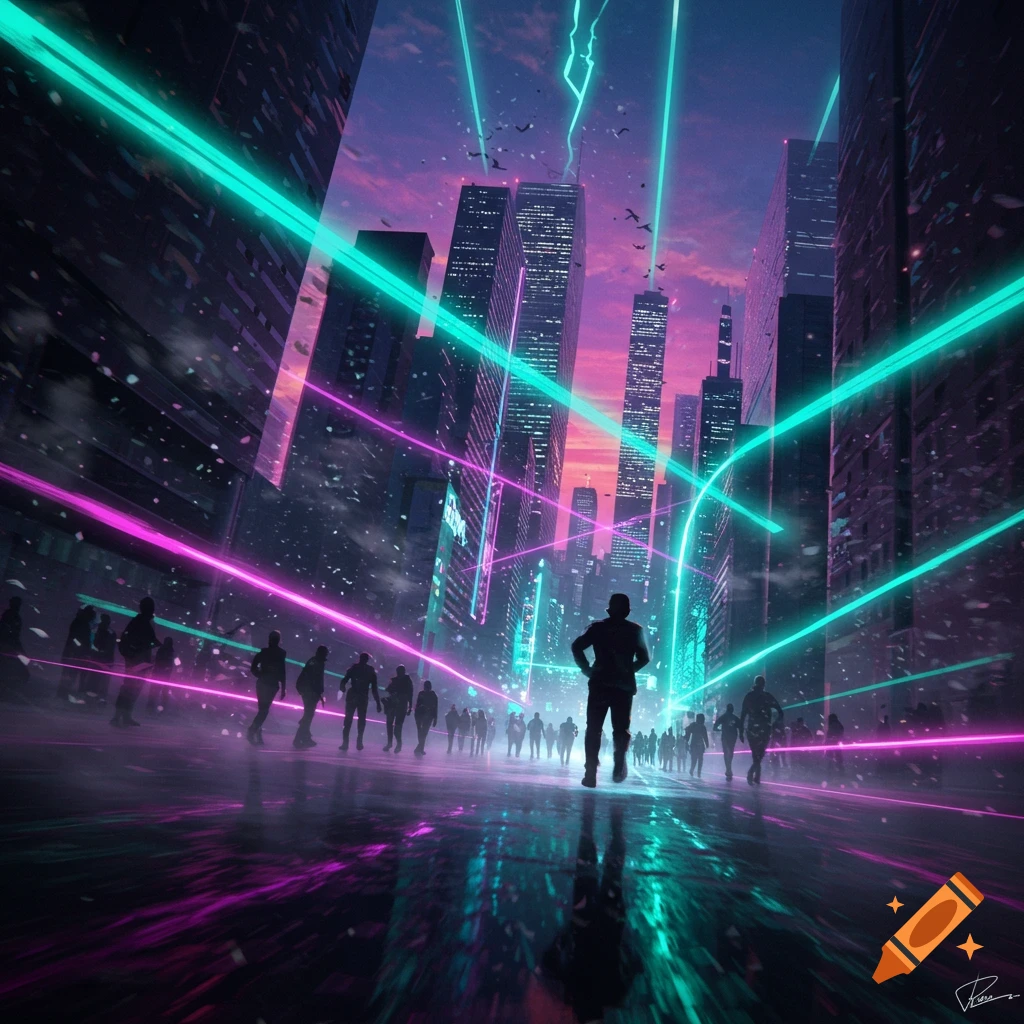 A person walks away from a crowd through a neon-lit futuristic city at dusk, with towering skyscrapers and glowing pink and teal light streaks.