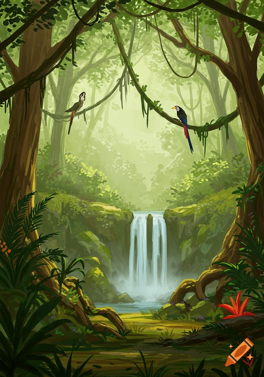 Lush, green illustrative rainforest scene with a cascading waterfall, large trees, vines, and two colorful birds.
