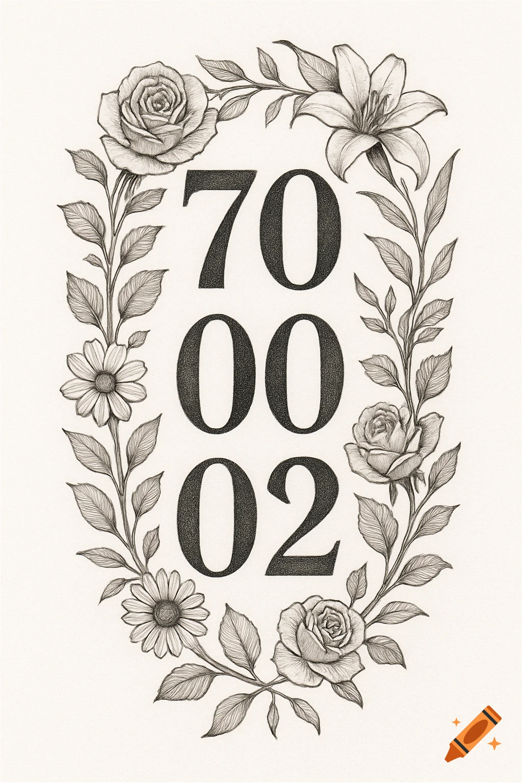 Pencil drawing of numbers 70, 00, 02 stacked vertically within an oval wreath of roses, lilies, and daisies.