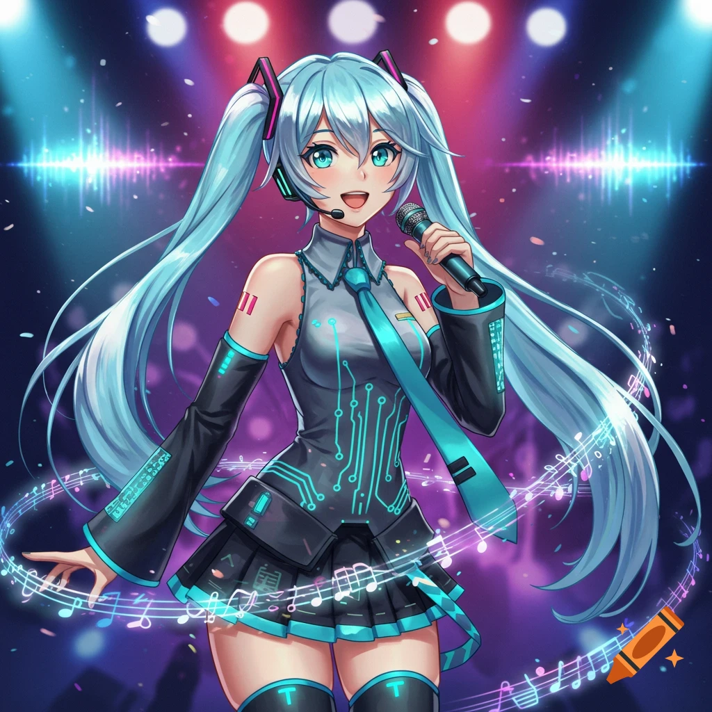 An anime Vocaloid character with long light blue pigtails and a futuristic gray and blue outfit sings into a microphone on a vibrant purple stage with spotlights.
