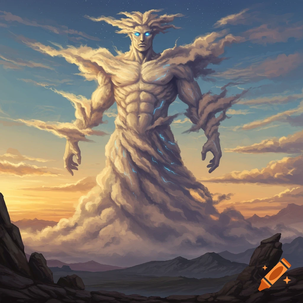 A giant, muscular cloud elemental with glowing blue eyes stands over a mountainous landscape at sunset under a starry sky.