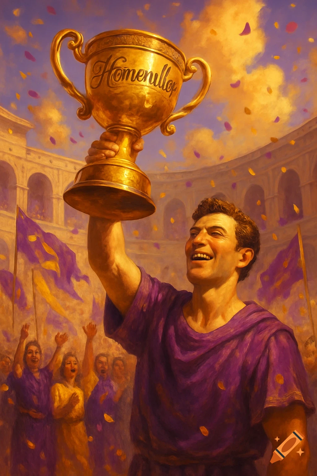 A man in a purple toga raises a golden trophy inscribed with 'Homenulloy' in a Roman arena, celebrating with a cheering crowd under a confetti-filled sky.