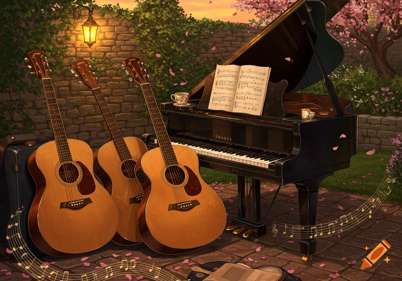 Three acoustic guitars and a grand piano sit outdoors in a blooming garden at sunset, with musical notes floating around.