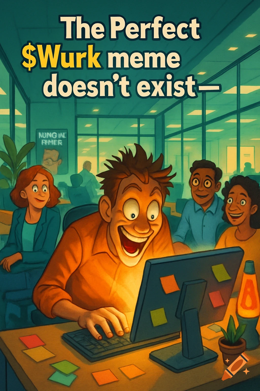 A cartoon office worker laughs excitedly at a computer, while colleagues watch, with the meme text "The Perfect $Wurk meme doesn't exist—" at the top.