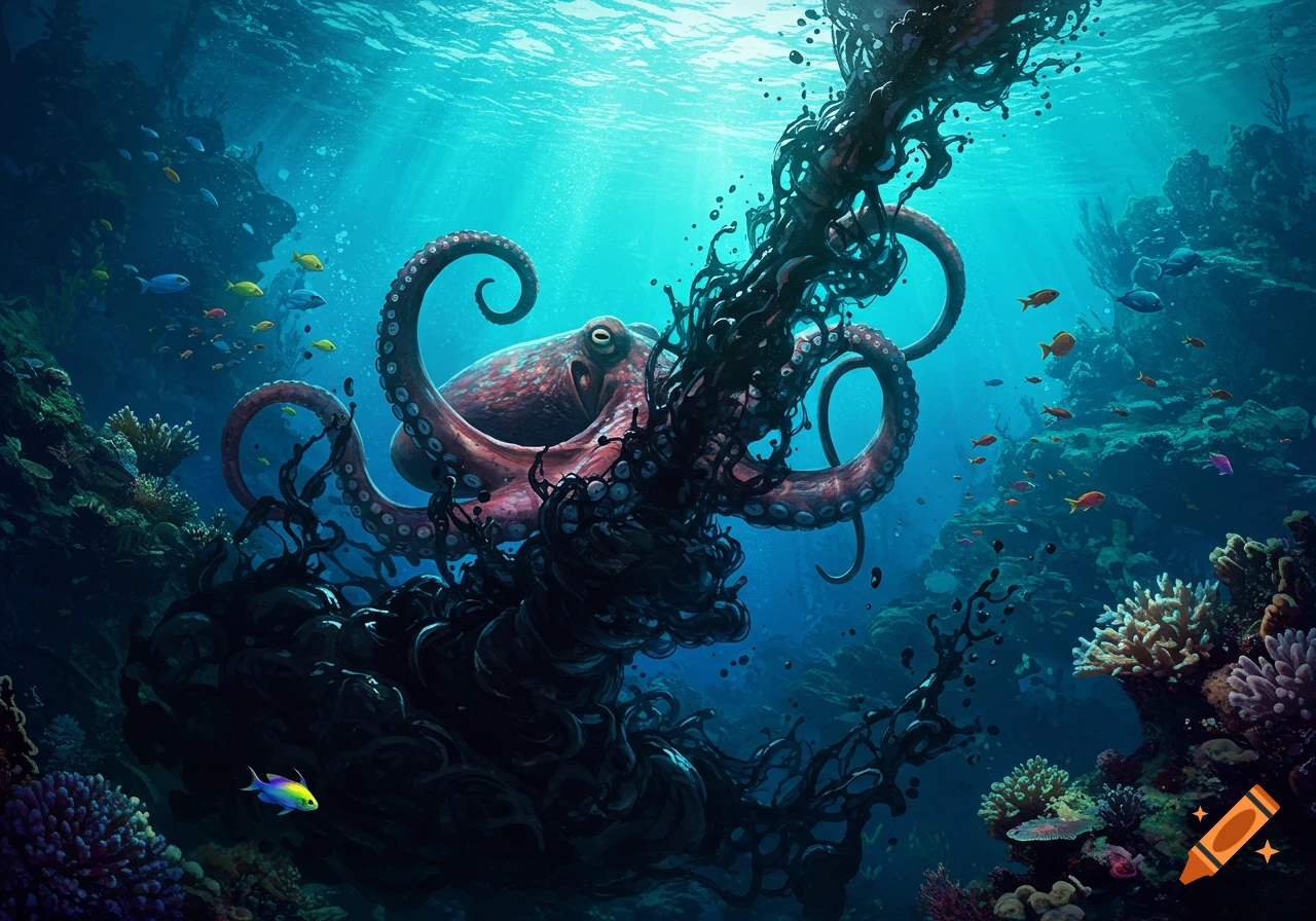 A large red octopus spurts dark ink in a vibrant blue coral reef with colorful fish swimming around.