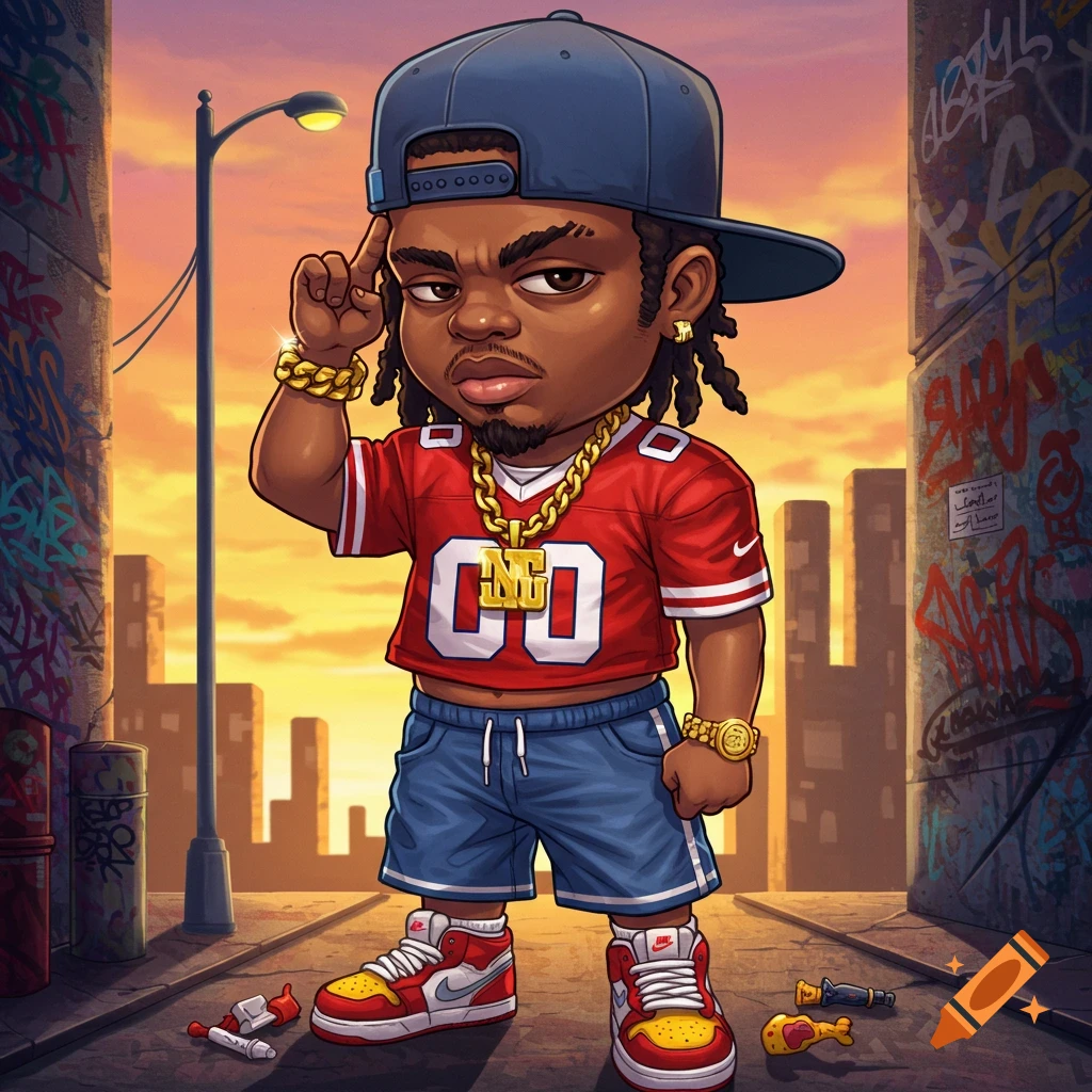 A chibi cartoon character with dreadlocks, wearing a red football jersey with "00", denim shorts, a backward cap, gold chains, and sneakers, stands in an urban alley with graffiti and a sunset background.