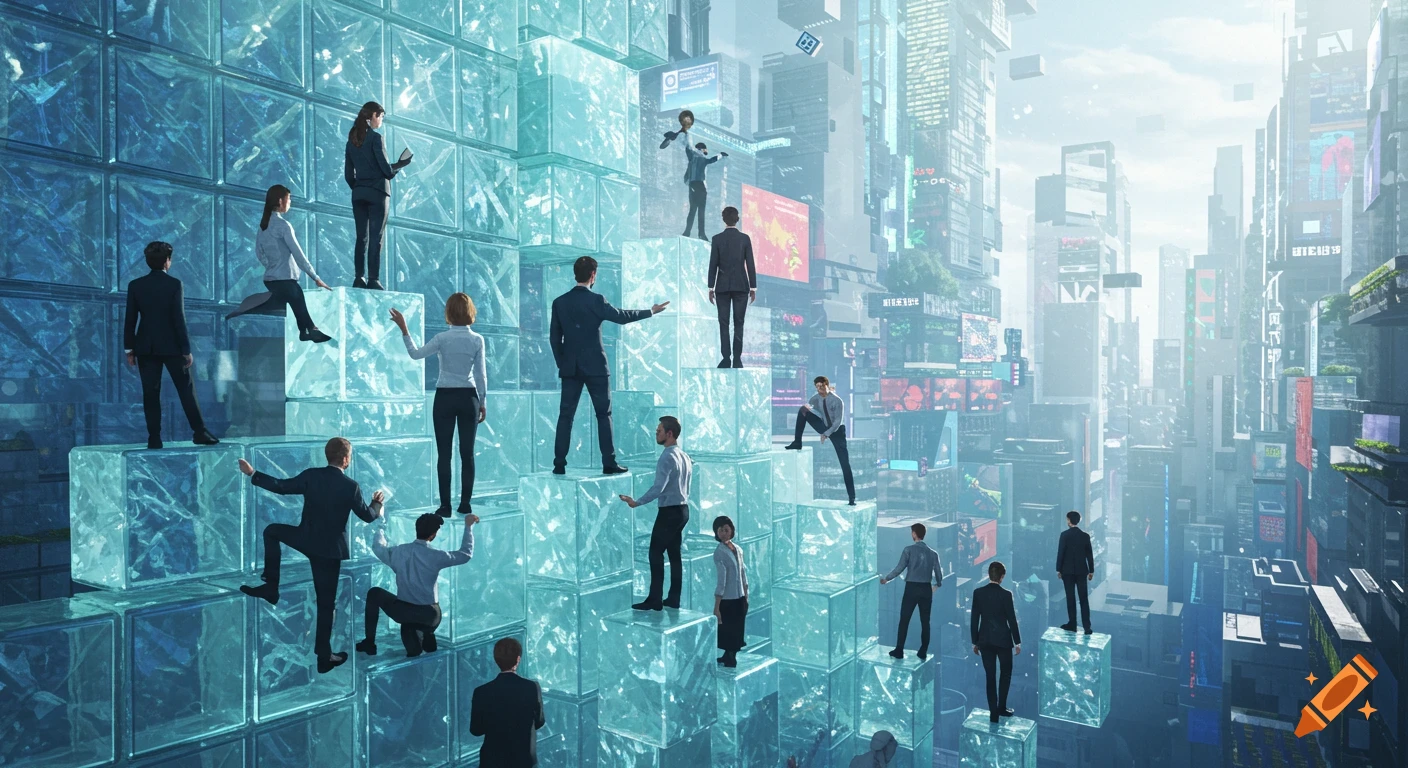 Diverse professionals ascend a magnificent, glowing glass skyscraper in a futuristic metropolis, symbolizing unity and career advancement.