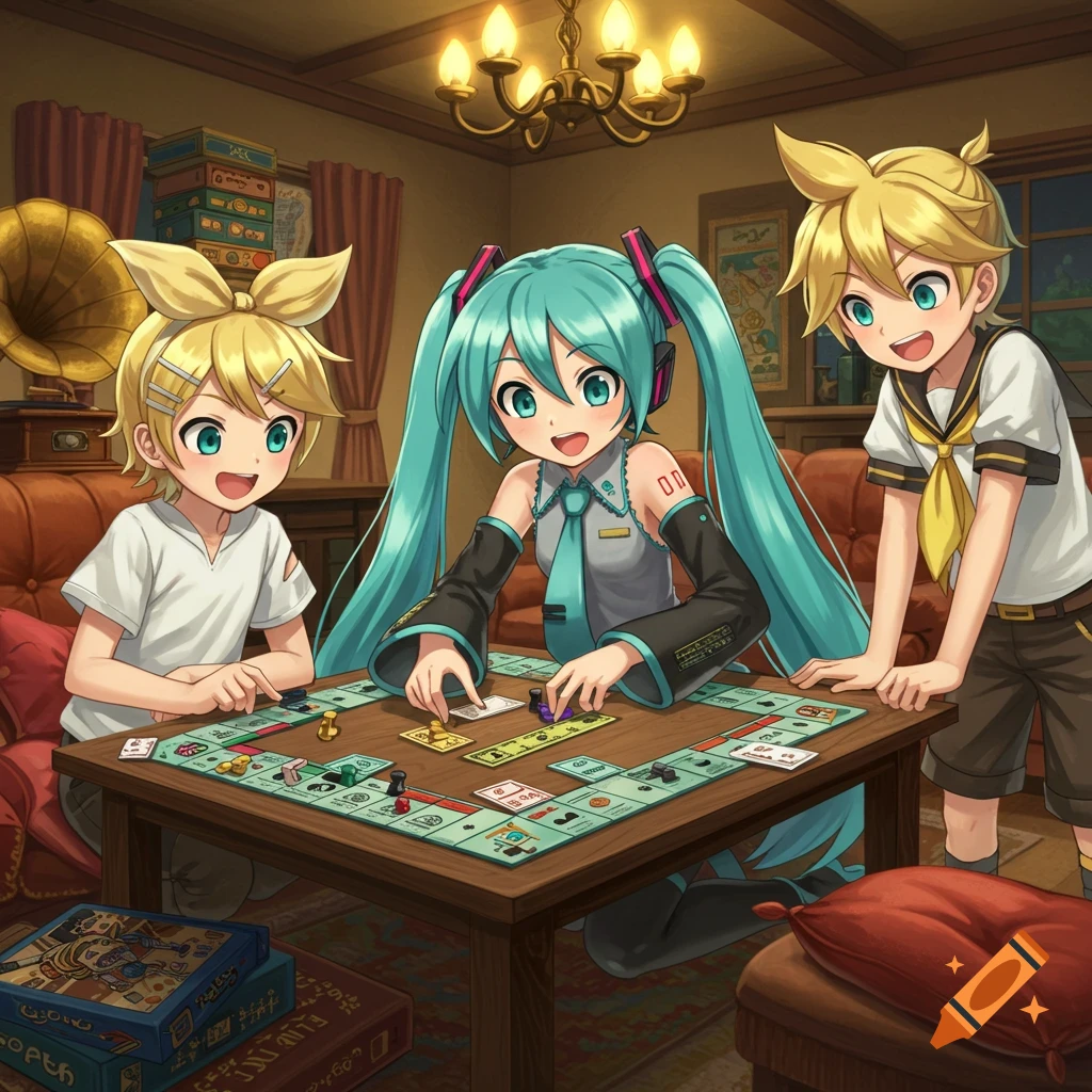 Anime characters Hatsune Miku and the Kagamine siblings playing a board game together in a cozy room.