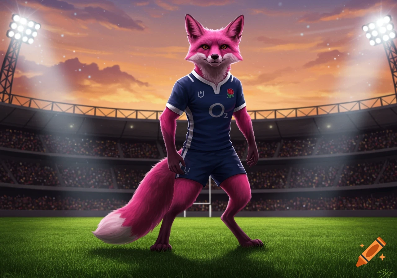 A pink anthropomorphic fox in a blue rugby uniform stands on a stadium field at sunset, with floodlights beaming.