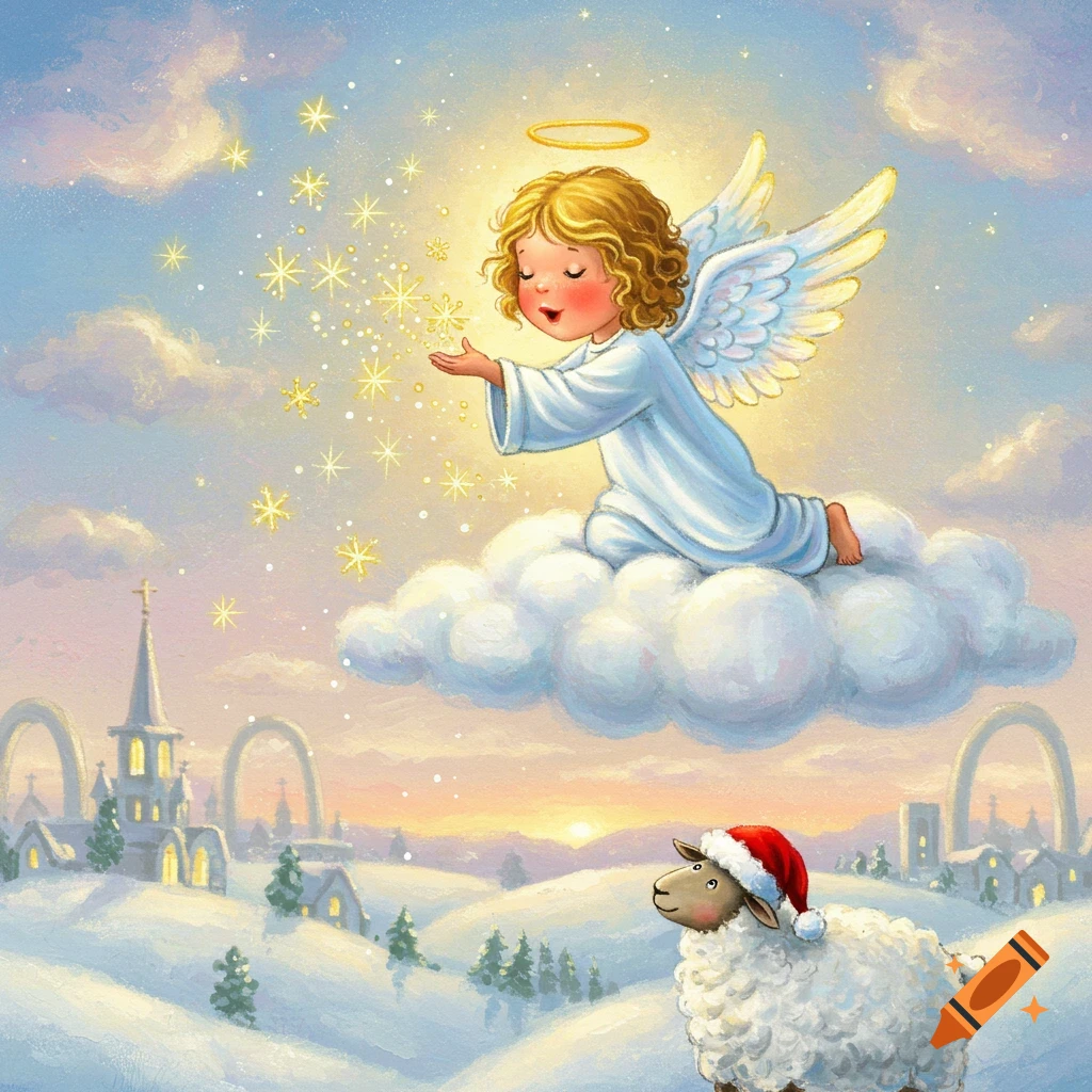 A cartoon angel kneels on a cloud, making stars fall over a snowy landscape with a church and a sheep wearing a Santa hat.