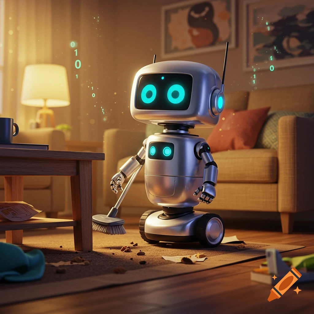 A shiny silver robot with glowing blue eyes and chest lights sweeps crumbs from a living room rug with a broom, binary digits float in the air.