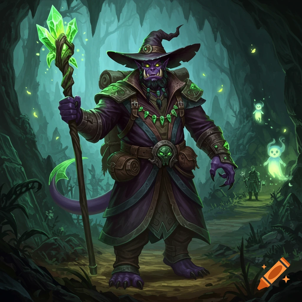 A purple-skinned orc wizard with a large hat, staff, and backpack stands in a glowing green cave with small ghost-like spirits floating around.