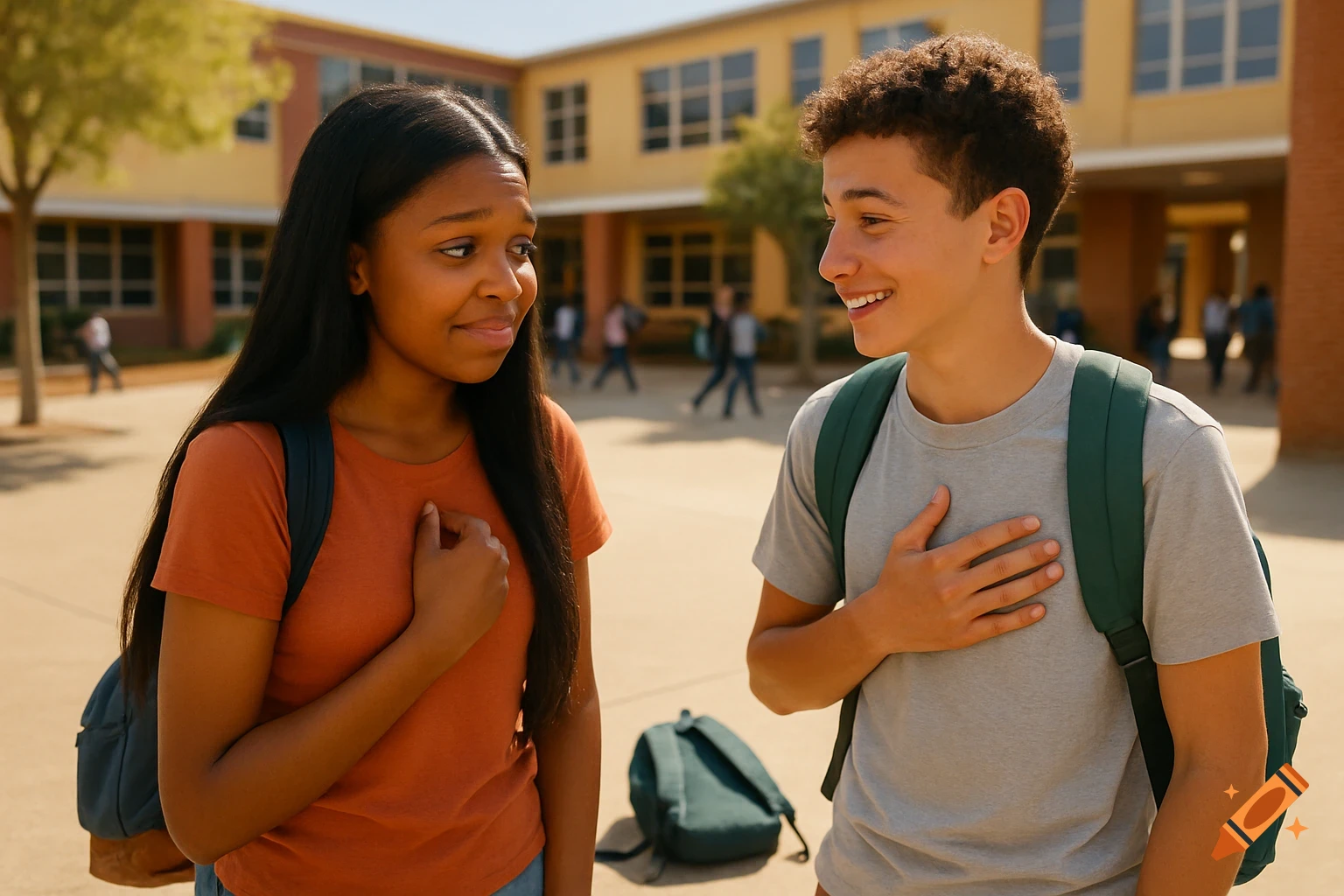A teenage boy and girl with backpacks stand in a schoolyard, looking at each other with hands on their chests.